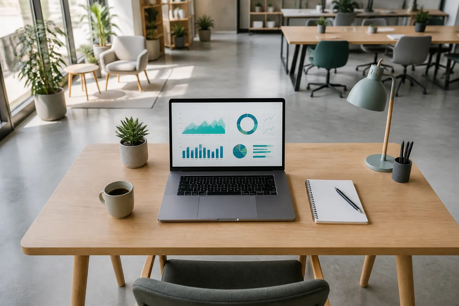 Modern workspace with AI dashboard on laptop